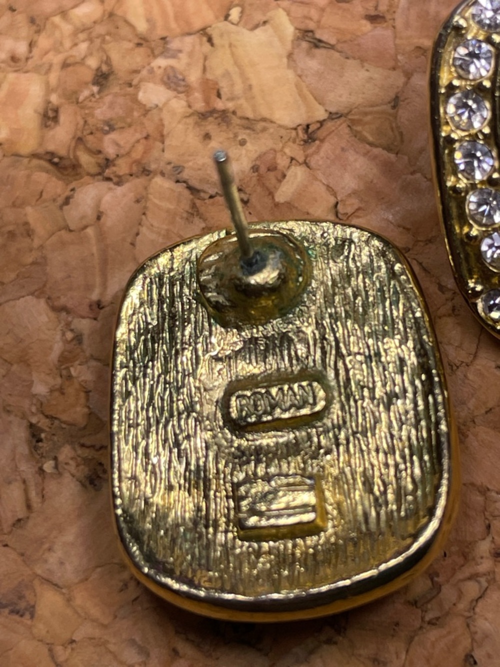 Vintage Roman 1989s Gold-Tone Black Enamel & Crystal Earrings - Picture 3 of 4